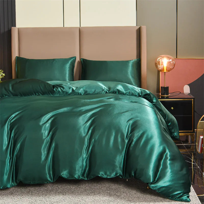 Image of Luxury satin duvet cover set with pillowcases in solid black