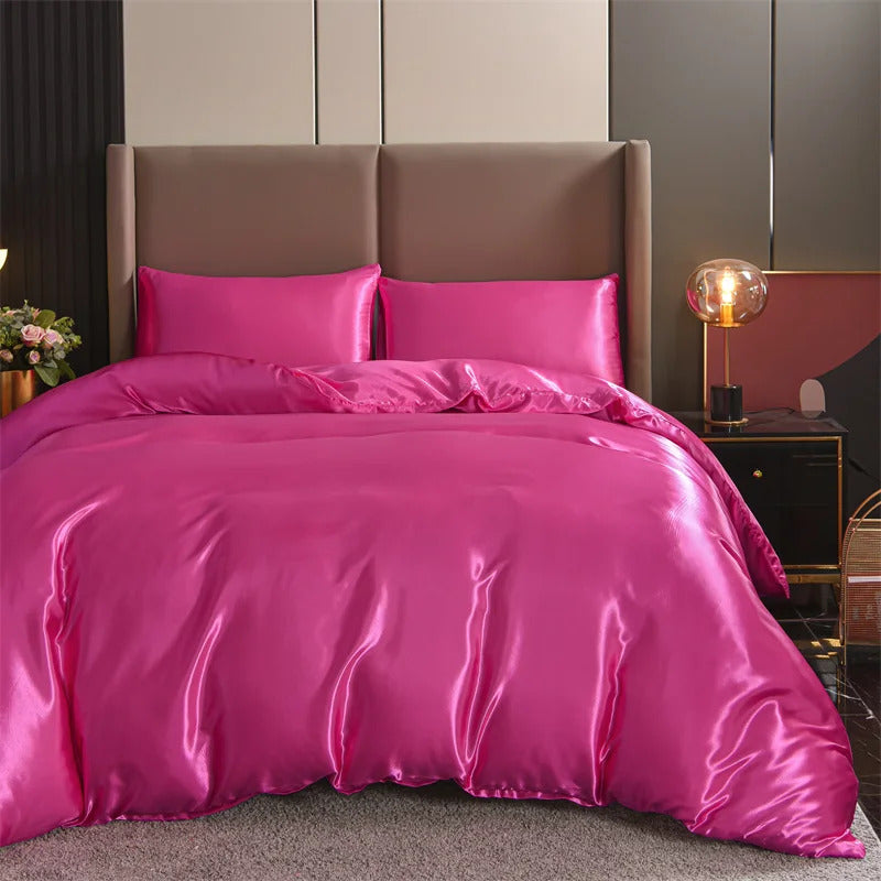 Image of Luxury satin duvet cover set with pillowcases in solid black