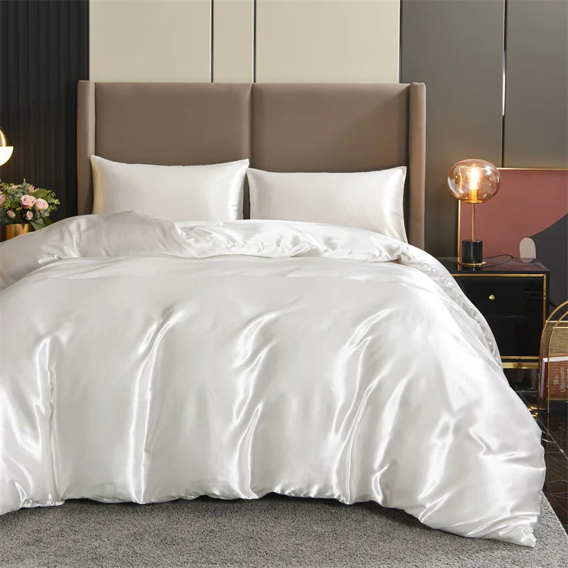 Image of Luxury satin duvet cover set with pillowcases in solid black