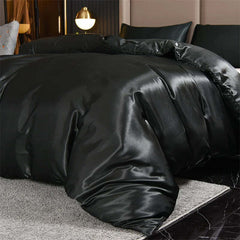 Image of Luxury satin duvet cover set with pillowcases in solid black