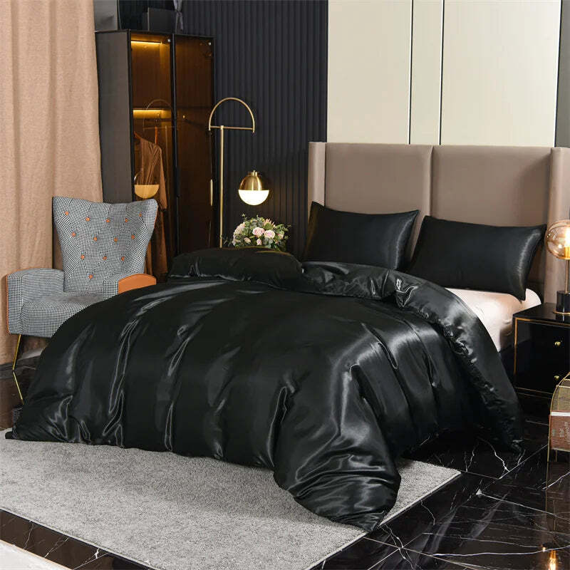 Image of Luxury satin duvet cover set with pillowcases in solid black