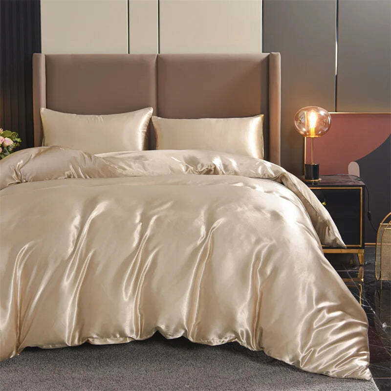 Image of Luxury satin duvet cover set with pillowcases in solid black