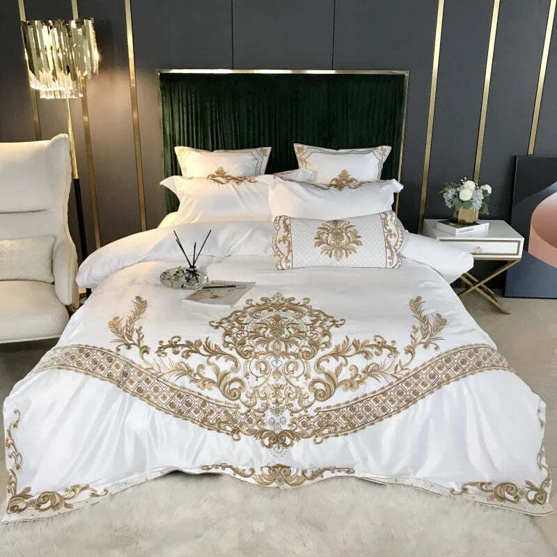 Image of Luxury white cotton duvet cover set with royal gold embroidery