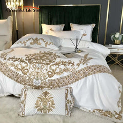 Image of Luxury white cotton duvet cover set with royal gold embroidery