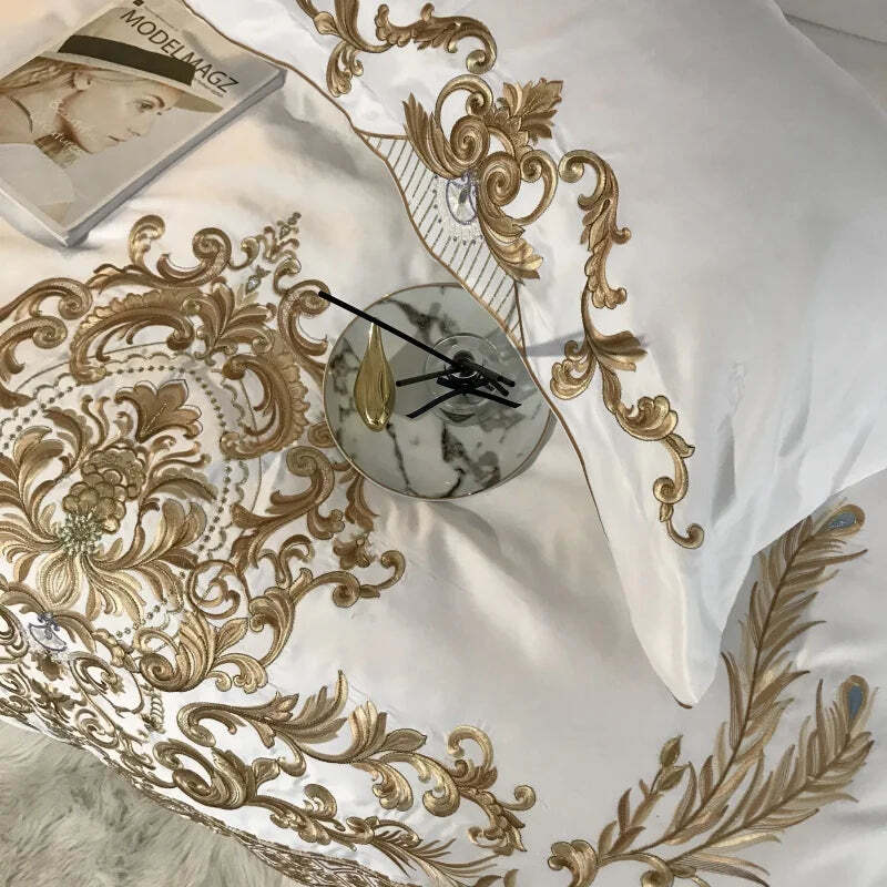 Image of Luxury white cotton duvet cover set with royal gold embroidery