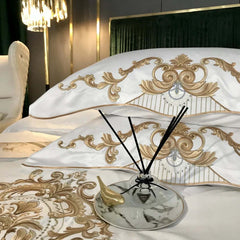 Image of Luxury white cotton duvet cover set with royal gold embroidery