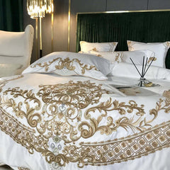 Image of Luxury white cotton duvet cover set with royal gold embroidery