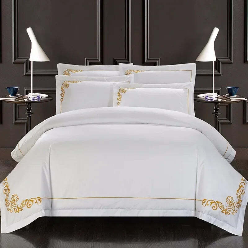 Image of Luxury white Egyptian cotton embroidered bedding set with duvet cover and pillowcases