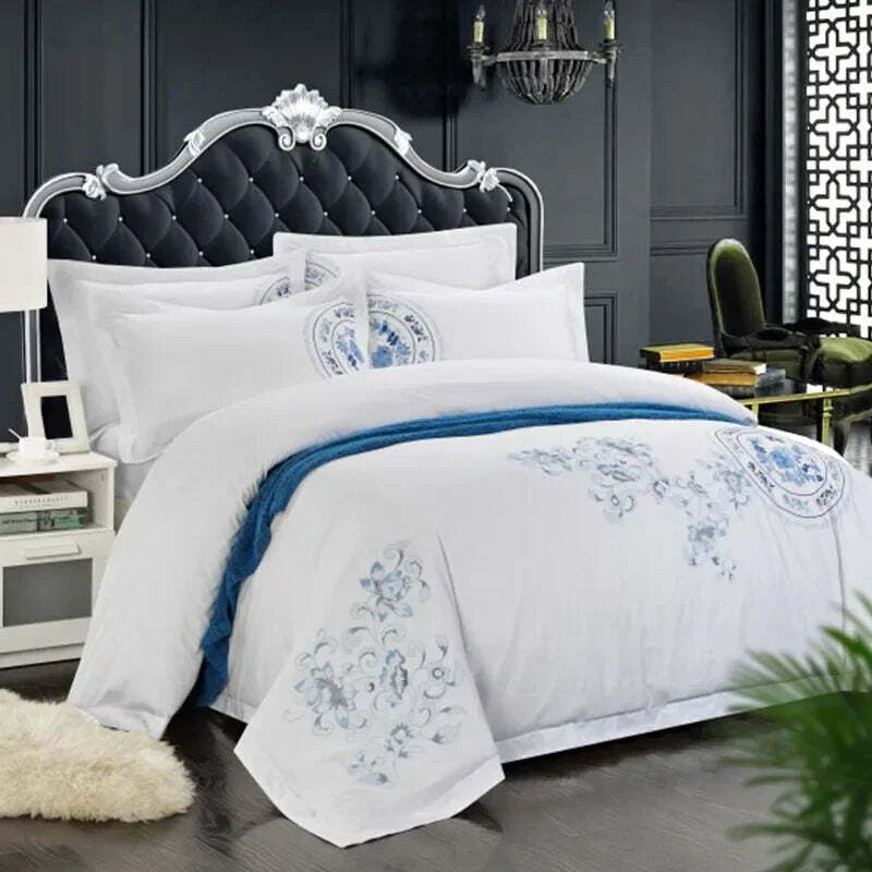 Image of Luxury white Egyptian cotton embroidered bedding set with duvet cover and pillowcases