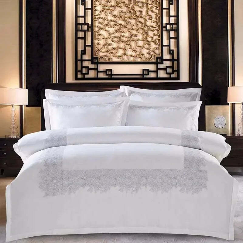 Image of Luxury white Egyptian cotton embroidered bedding set with duvet cover and pillowcases