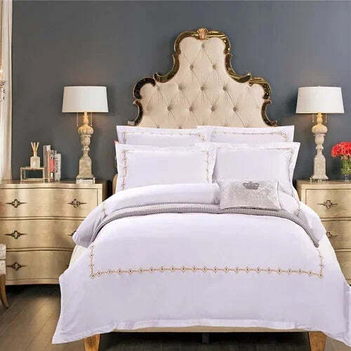 Image of Luxury white Egyptian cotton embroidered bedding set with duvet cover and pillowcases