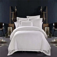 Image of Luxury white Egyptian cotton embroidered bedding set with duvet cover and pillowcases