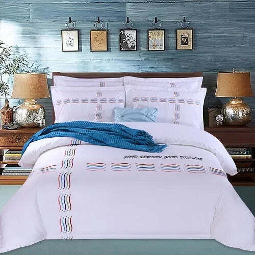 Image of Luxury white Egyptian cotton embroidered bedding set with duvet cover and pillowcases