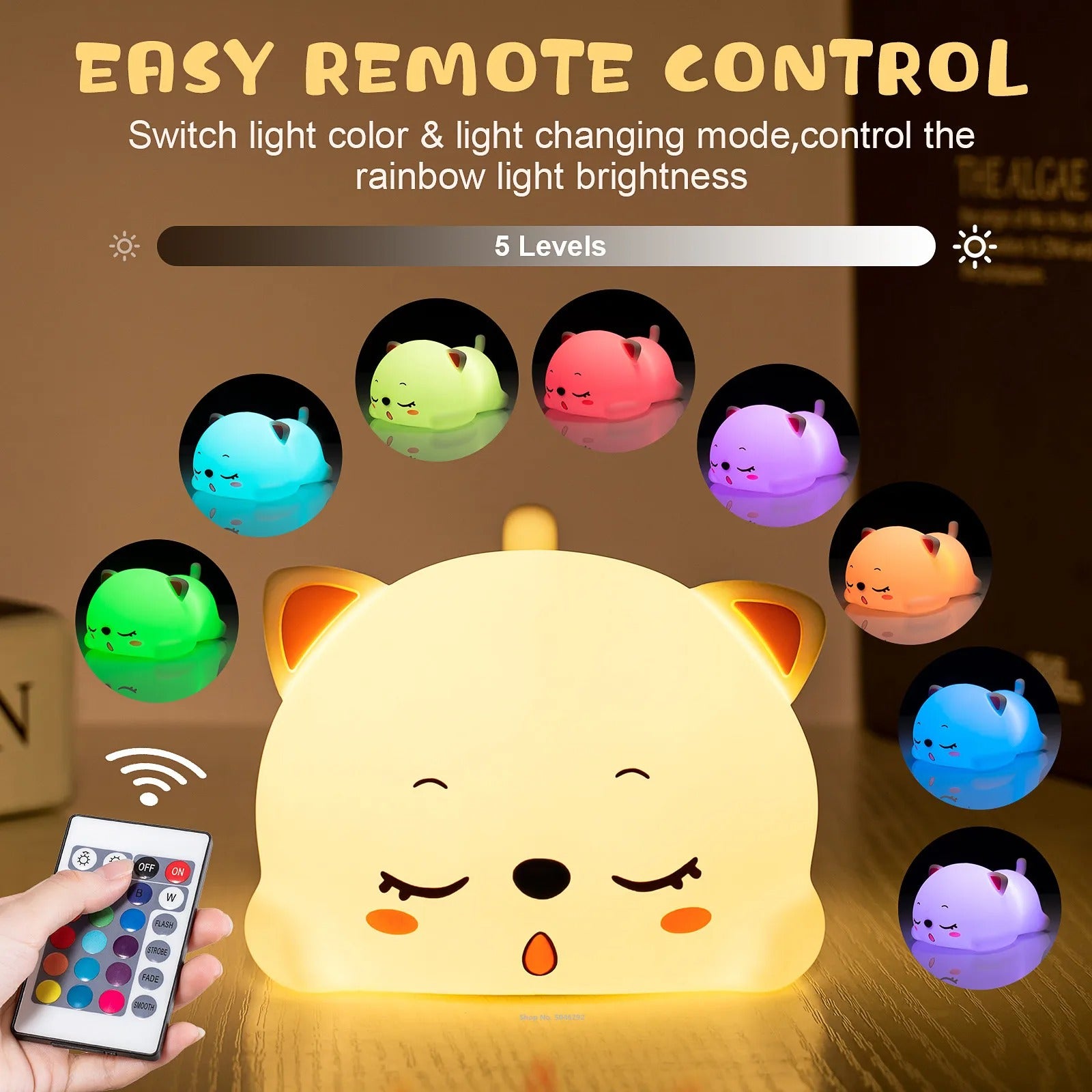 Lovely cat USB rechargeable silicone LED night light with remote for kids and babies