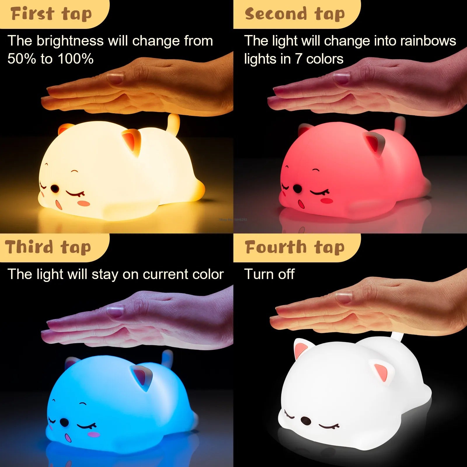 Lovely cat USB rechargeable silicone LED night light with remote for kids and babies