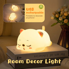 Lovely cat USB rechargeable silicone LED night light with remote for kids and babies