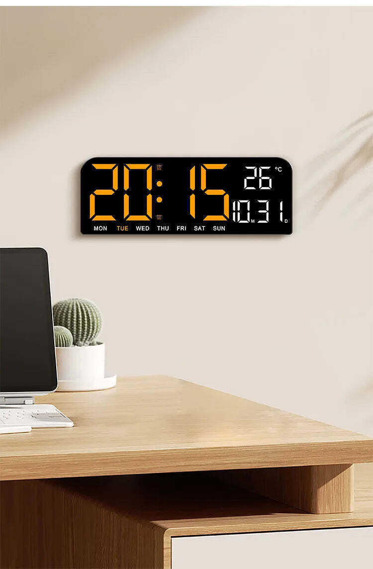 Image of Modern digital wall clock with temperature, date display, and night mode