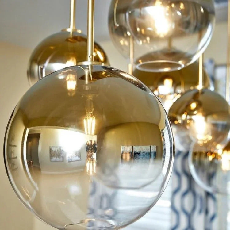 Image of Modern loft silver and gold glass ball pendant light fixture for dining and living room