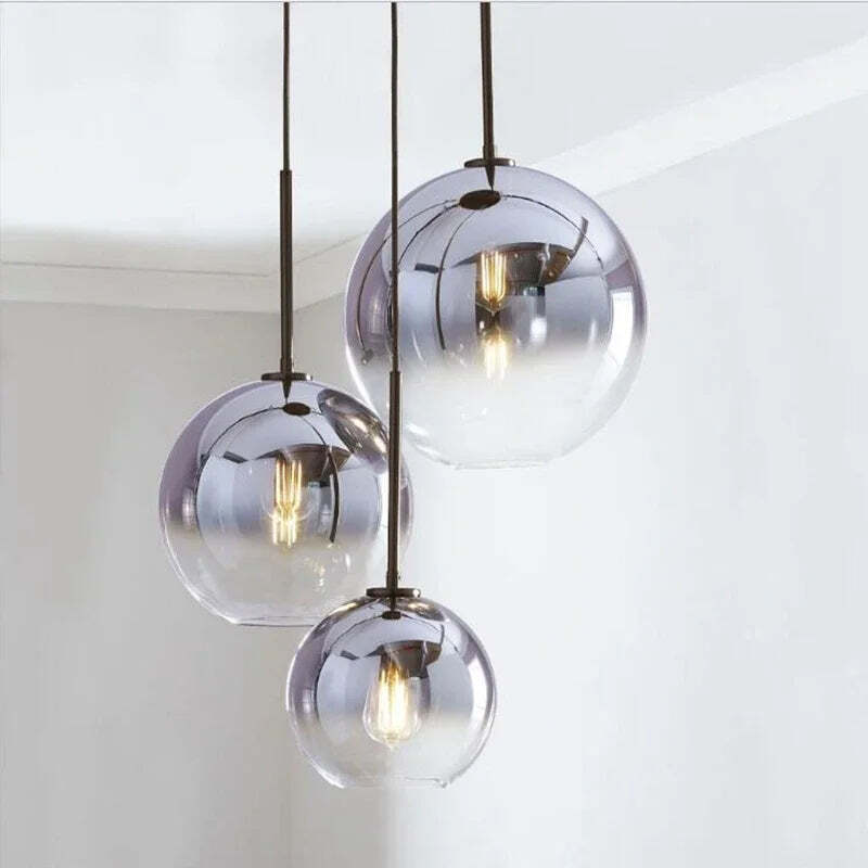 Image of Modern loft silver and gold glass ball pendant light fixture for dining and living room