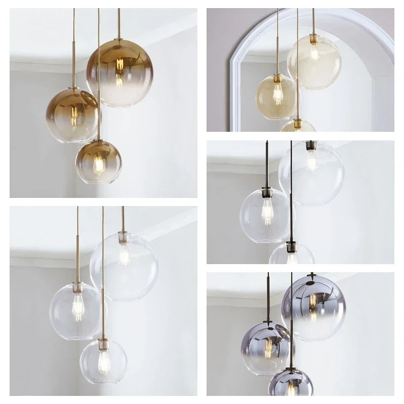 Image of Modern loft silver and gold glass ball pendant light fixture for dining and living room