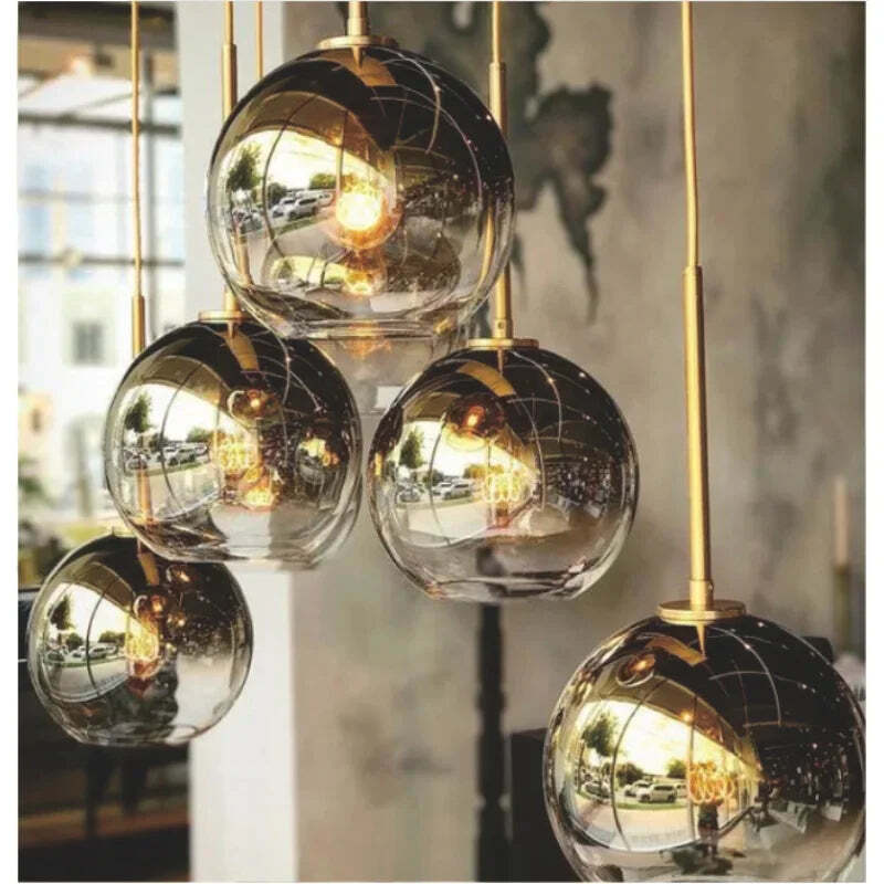 Image of Modern loft silver and gold glass ball pendant light fixture for dining and living room