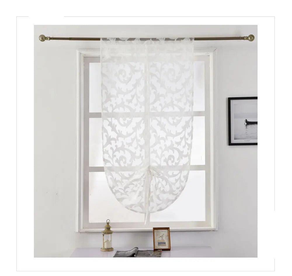 Image of Modern sheer tie-up kitchen curtain in white and black jacquard