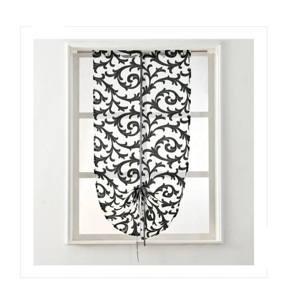 Image of Modern sheer tie-up kitchen curtain in white and black jacquard