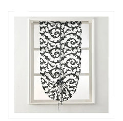 Image of Modern sheer tie-up kitchen curtain in white and black jacquard