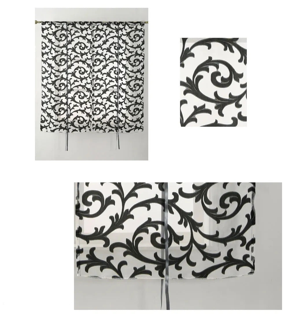 Image of Modern sheer tie-up kitchen curtain in white and black jacquard