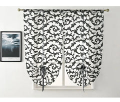 Image of Modern sheer tie-up kitchen curtain in white and black jacquard