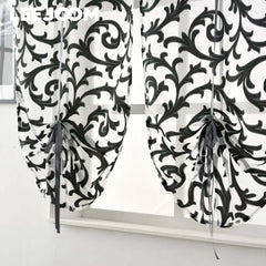 Image of Modern sheer tie-up kitchen curtain in white and black jacquard