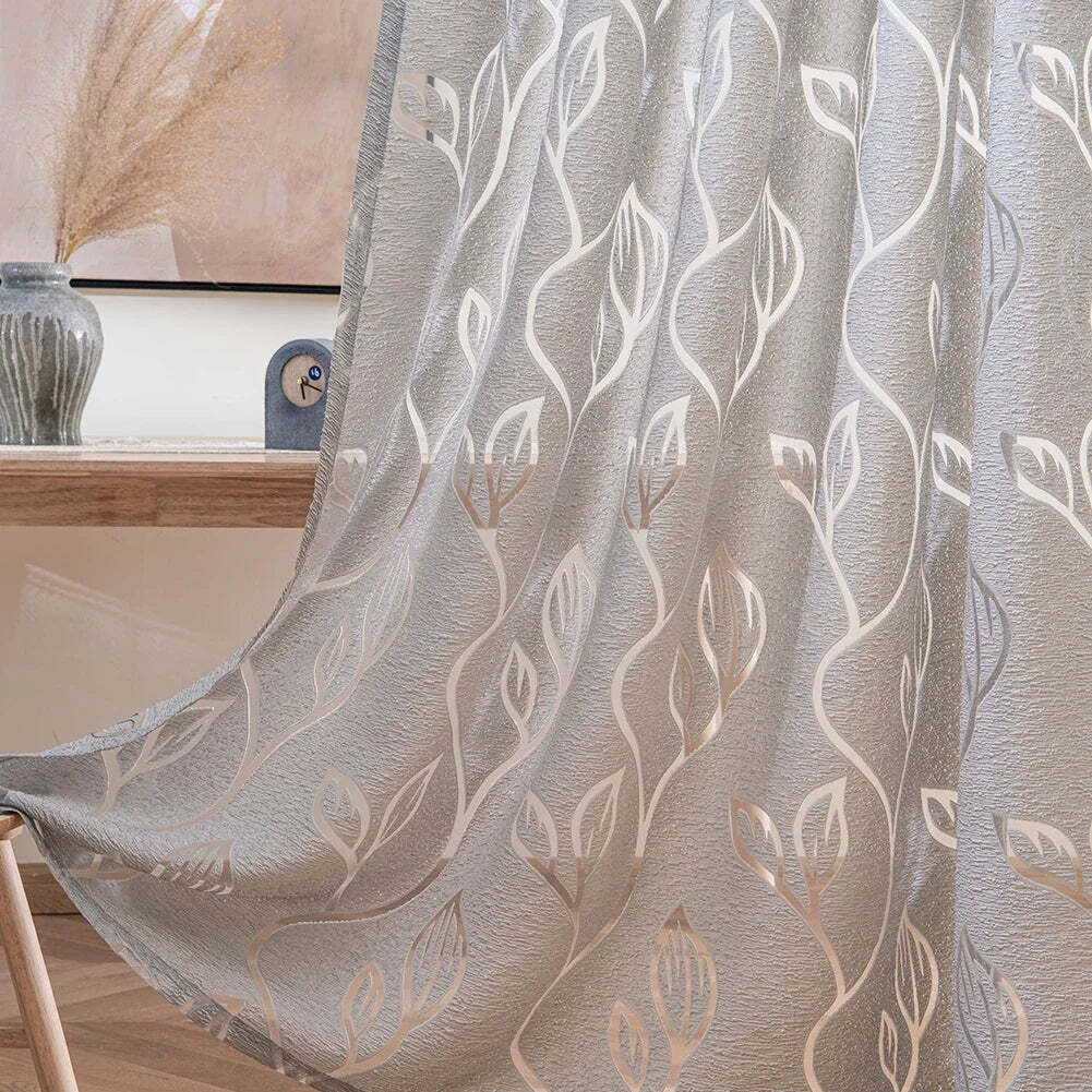 Image of Napearl jacquard leaf gray curtain for home and office decoration