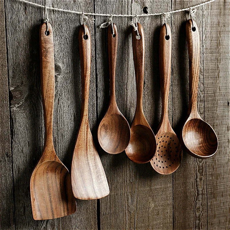 Image of Natural teak wood kitchen tool set - eco-friendly cooking utensils for home and restaurant