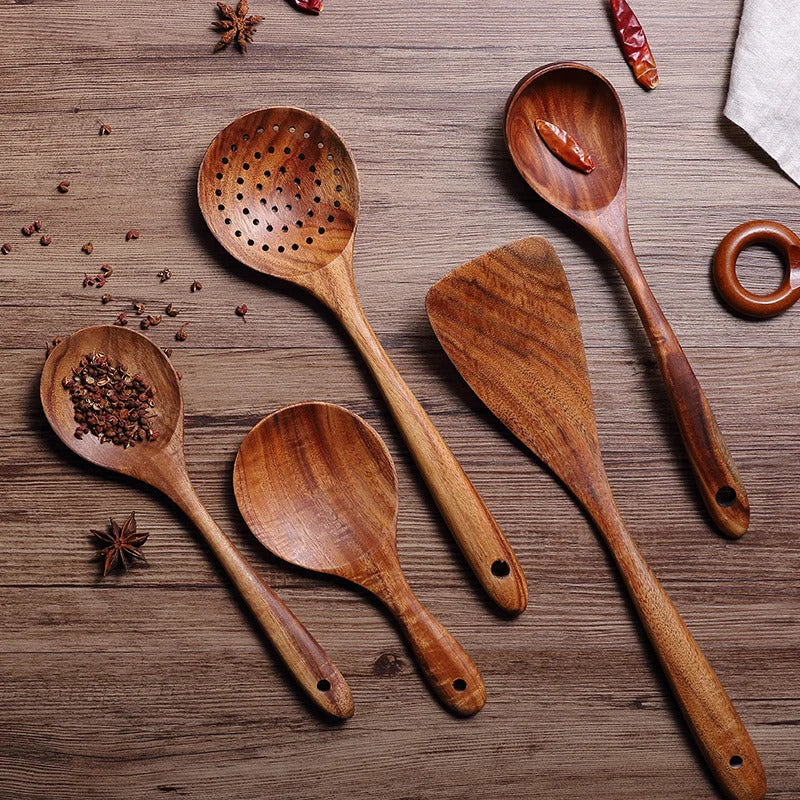 Image of Natural teak wood kitchen tool set - eco-friendly cooking utensils for home and restaurant