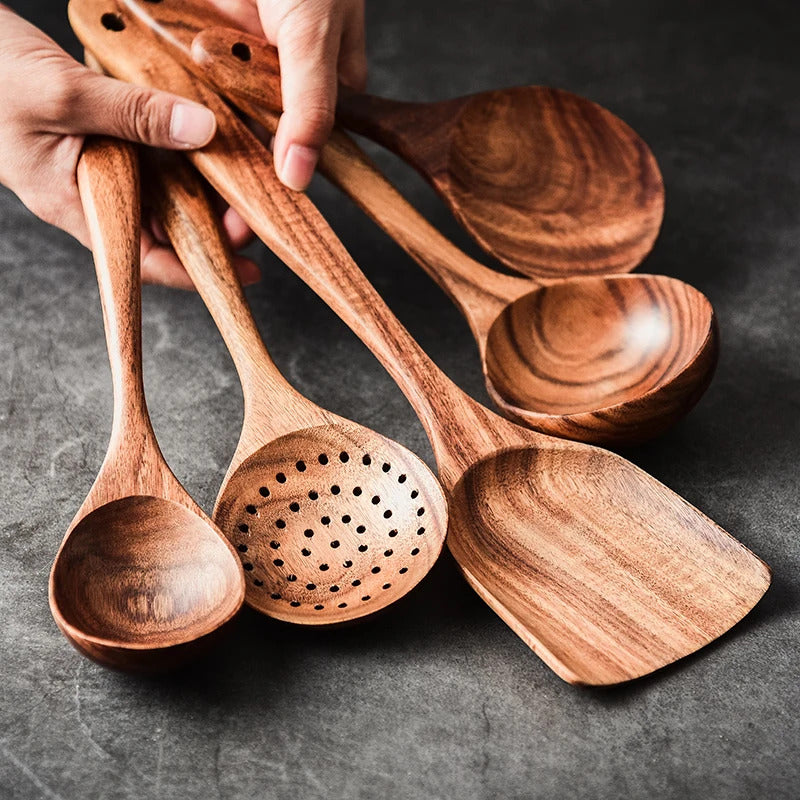 Image of Natural teak wood kitchen tool set - eco-friendly cooking utensils for home and restaurant