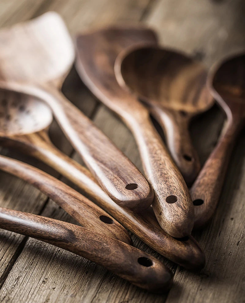 Image of Natural teak wood kitchen tool set - eco-friendly cooking utensils for home and restaurant