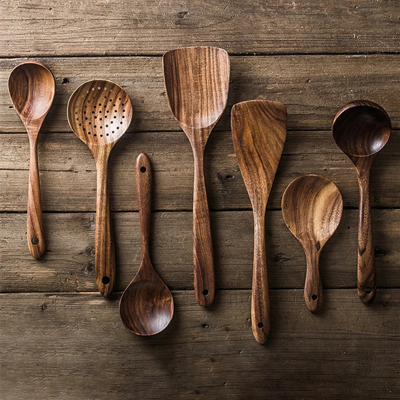 Image of Natural teak wood kitchen tool set - eco-friendly cooking utensils for home and restaurant