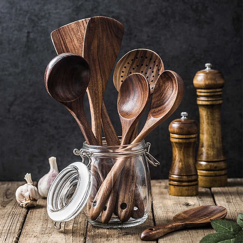 Image of Natural teak wood kitchen tool set - eco-friendly cooking utensils for home and restaurant