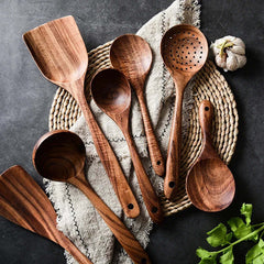 Image of Natural teak wood kitchen tool set - eco-friendly cooking utensils for home and restaurant