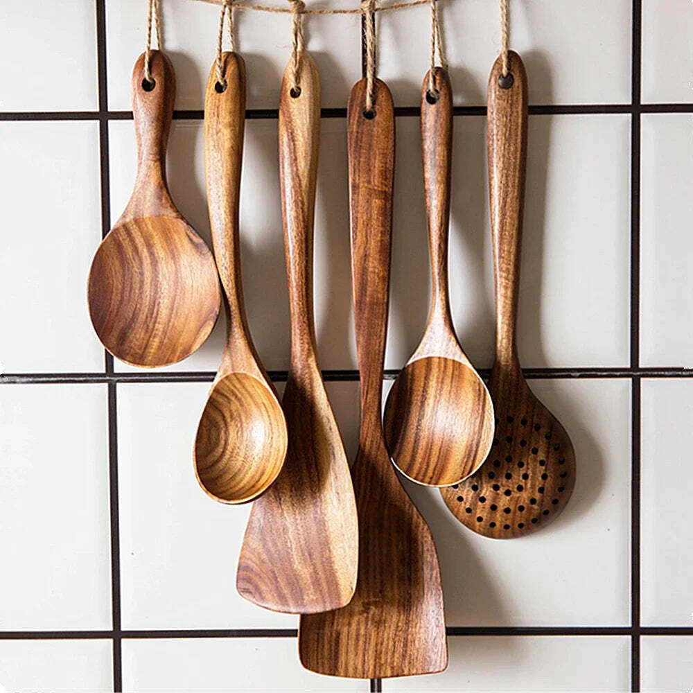 Image of Natural teak wood kitchen tool set - eco-friendly cooking utensils for home and restaurant