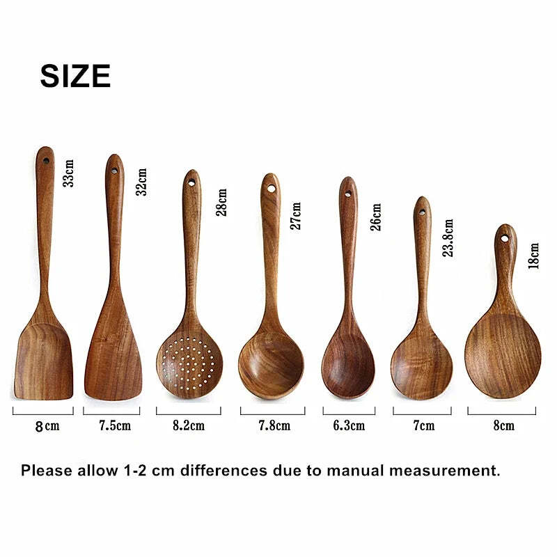 Image of Natural teak wood kitchen tool set - eco-friendly cooking utensils for home and restaurant