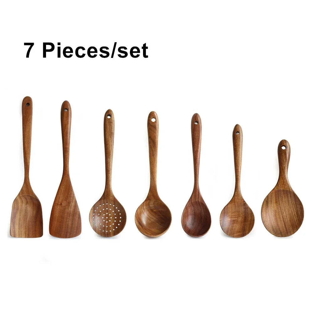 Image of Natural teak wood kitchen tool set - eco-friendly cooking utensils for home and restaurant