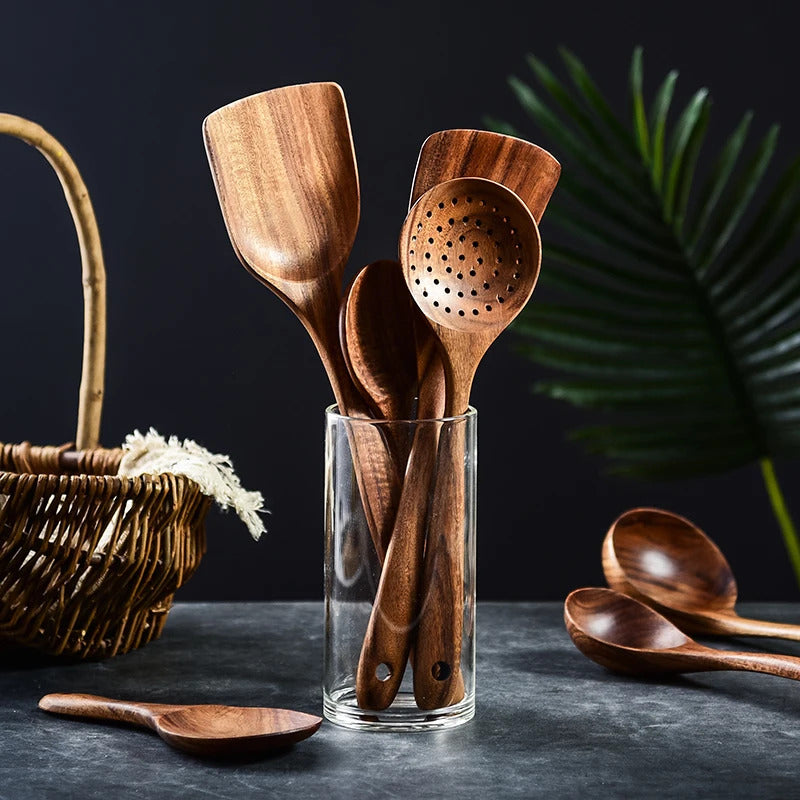 Image of Natural teak wood kitchen tool set - eco-friendly cooking utensils for home and restaurant