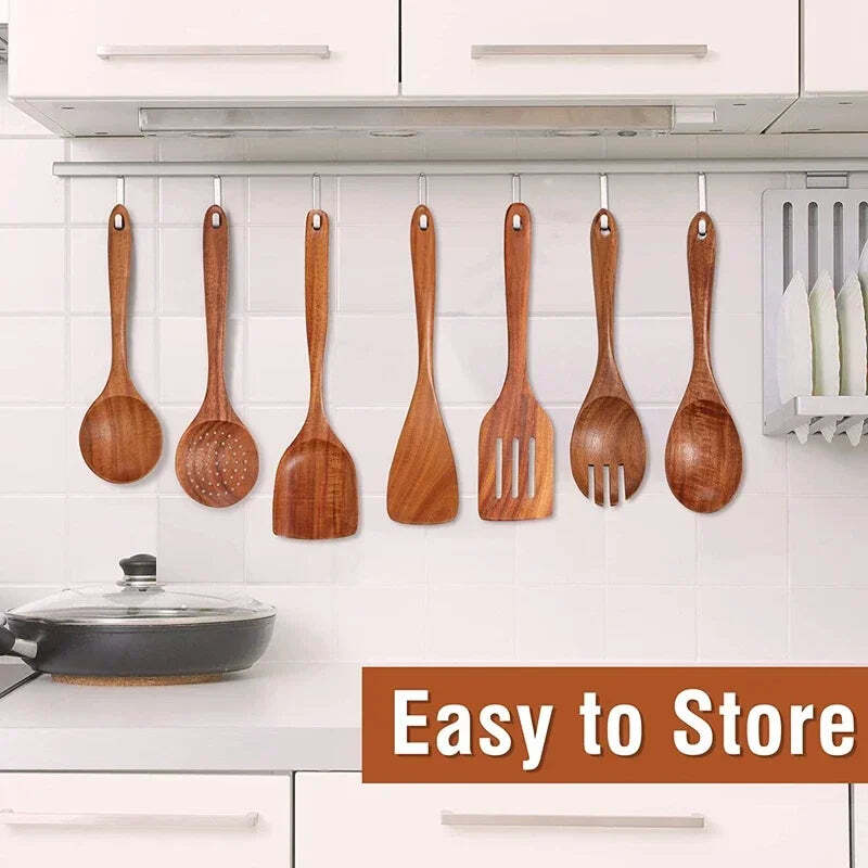 Image of Natural teak wooden cooking utensils set with spoon rest and holder for non-stick cookware