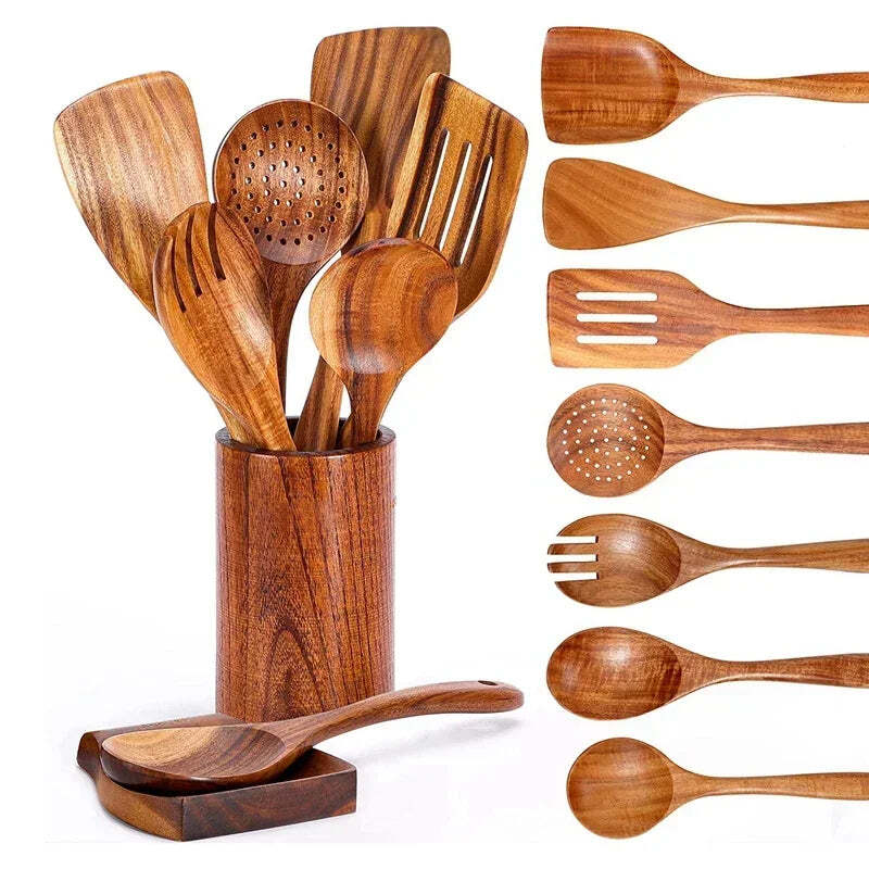 Image of Natural teak wooden cooking utensils set with spoon rest and holder for non-stick cookware