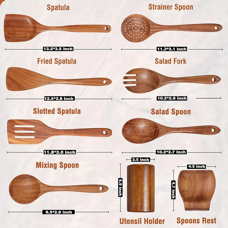 Image of Natural teak wooden cooking utensils set with spoon rest and holder for non-stick cookware