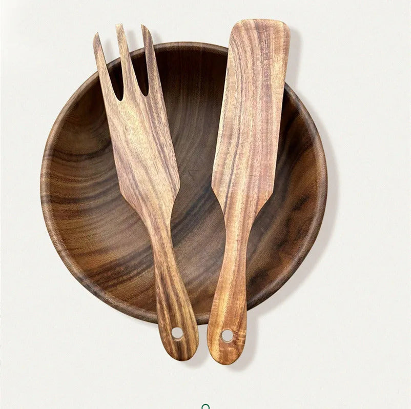 Image of Natural teak wooden cooking utensils set with spoon rest and holder for non-stick cookware