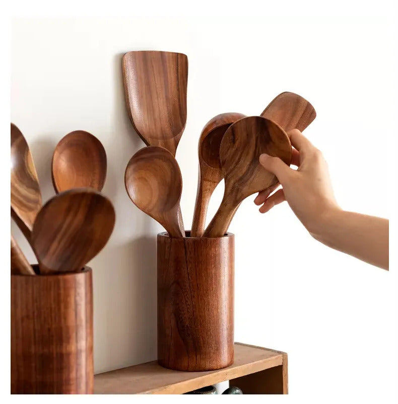 Image of Natural teak wooden cooking utensils set with spoon rest and holder for non-stick cookware