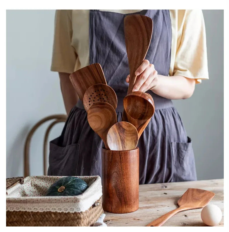 Image of Natural teak wooden cooking utensils set with spoon rest and holder for non-stick cookware