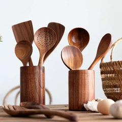 Image of Natural teak wooden cooking utensils set with spoon rest and holder for non-stick cookware